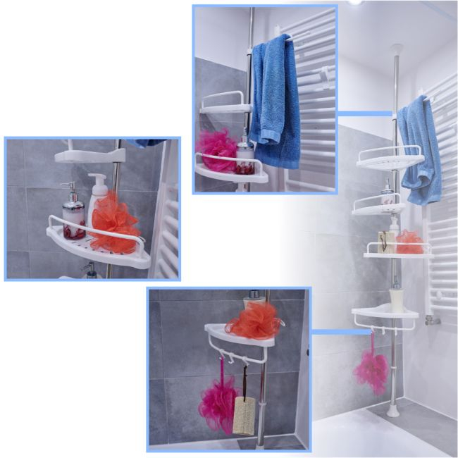 Organizator baie, raft de baie de tip "coltar" cu brat telescopic, cu 4 etajere si suport pentru prosop [6]