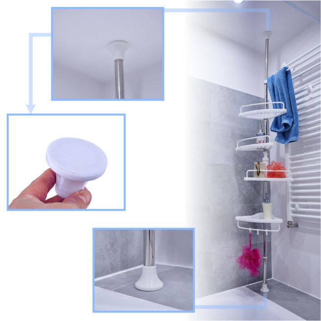 Organizator baie, raft de baie de tip "coltar" cu brat telescopic, cu 4 etajere si suport pentru prosop [8]
