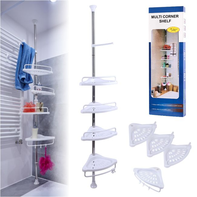 Organizator baie, raft de baie de tip "coltar" cu brat telescopic, cu 4 etajere si suport pentru prosop [3]
