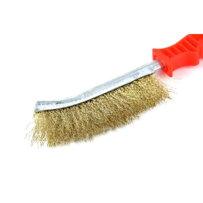 Perie de sarma cu peri sertizati, placati cu alama si maner din platic, lungime totala 25,5 cm [3]