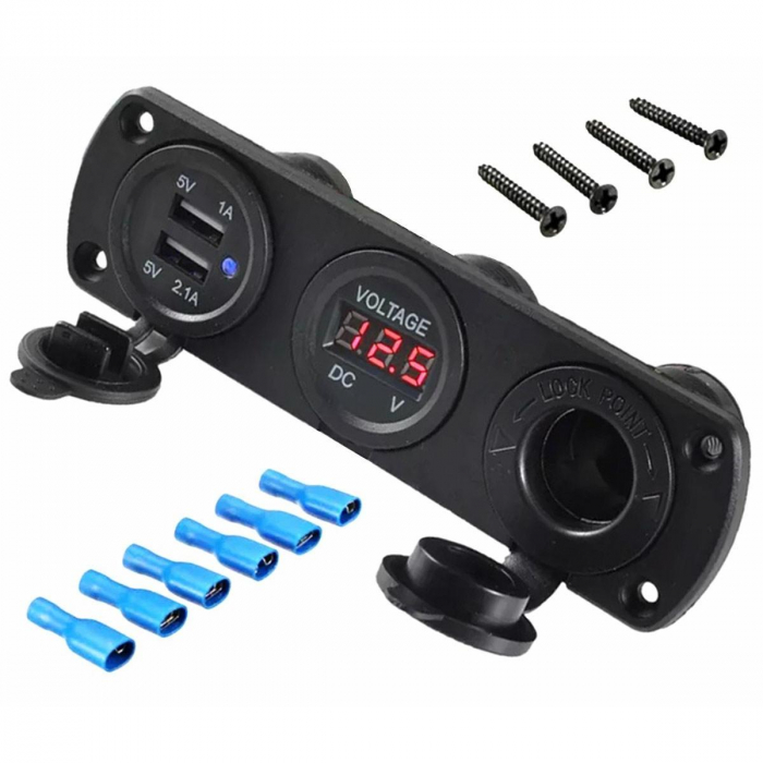 Priza suplimentara impermeabila pentru vehicule Off Road, ATV, SSV, tensiune 12V, 2 x USB si Voltmetru [1]