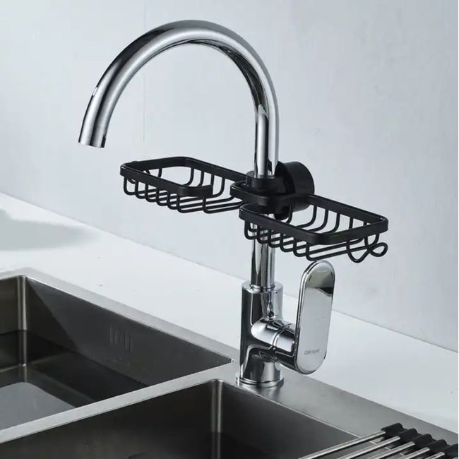 Raft organizator dublu, universal pentru bucatarie sau baie, montaj pe robinet, material otel, culoare Neagra [1]