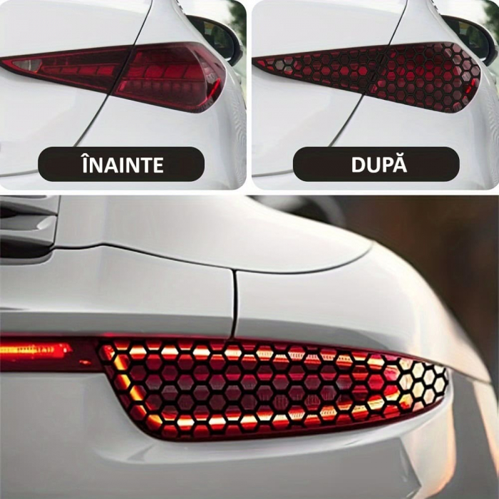 Set 2 folii autoadezive decupate pentru decorarea stopurilor auto, dimensiune 2 x 48 x 30cm, culoare Negru Mat, model HONEYCOMB [6]