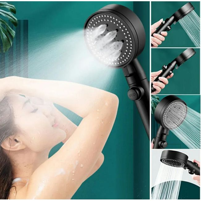 Set 3 elemente pentru dus, para de dus moderna + furtun flexibil + suport pentru perete, culoare Neagra [8]