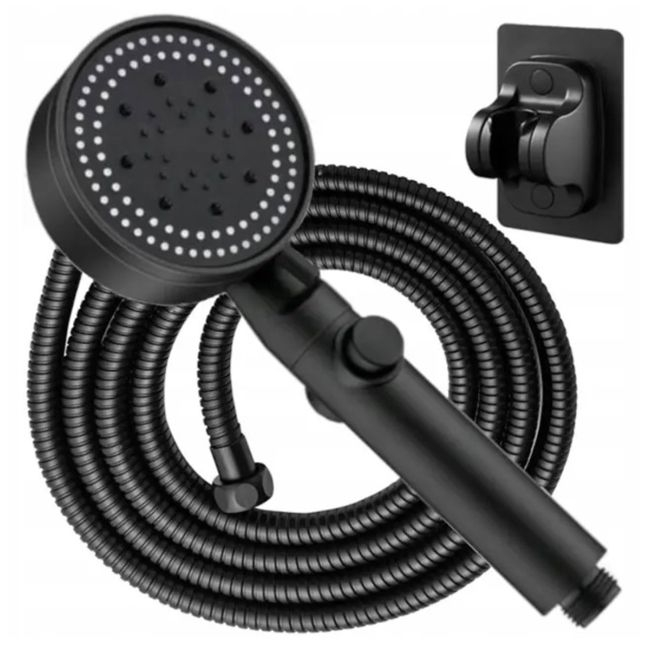 Set 3 elemente pentru dus, para de dus moderna + furtun flexibil + suport pentru perete, culoare Neagra [6]