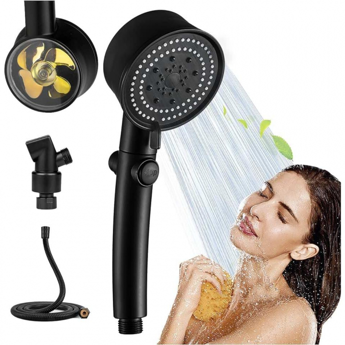 Set 3 elemente pentru dus, para de dus moderna + furtun flexibil + suport pentru perete, culoare Neagra [7]