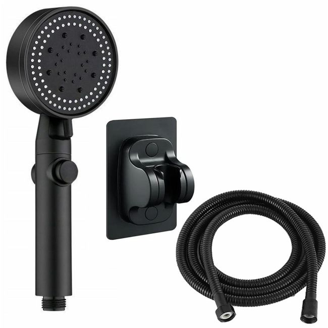Set 3 elemente pentru dus, para de dus moderna + furtun flexibil + suport pentru perete, culoare Neagra [5]