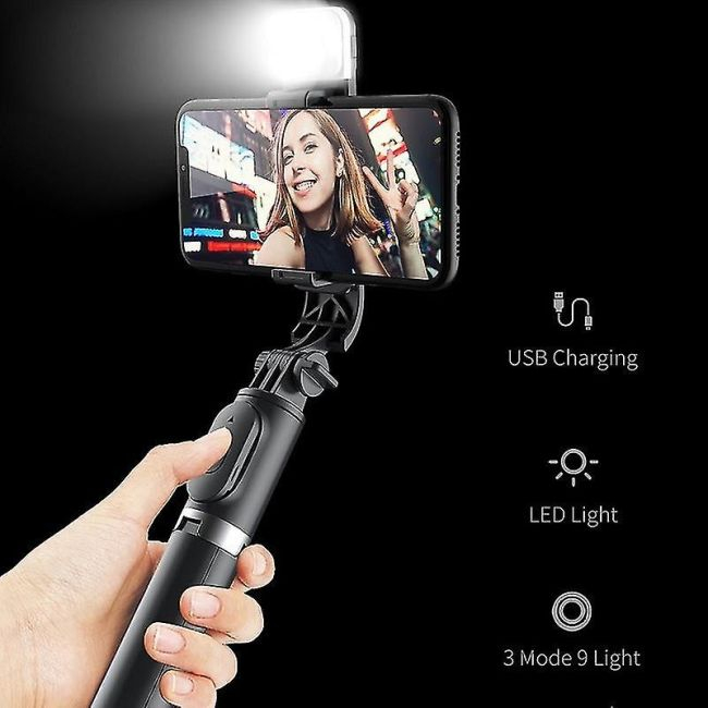 Set 3in1, Selfie Stick cu Lampa LED si Trepied, conectare Bluetooth, alimentare USB [6]