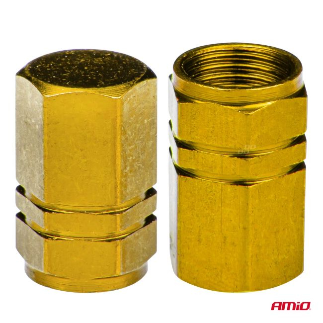 Set 4 capacele auto pentru ventil, din aluminiu, model Hexagon, culoare Galben [3]