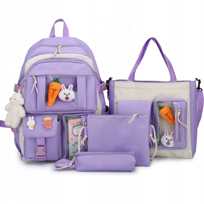 Set 4-in-1 pentru Scolari sau Prescolari - (rucsac, geanta de umar, plic elegant, penar), culoare VIOLET cu IEPURAS, Cod AVX-WT-BUNN-VIOLET [1]