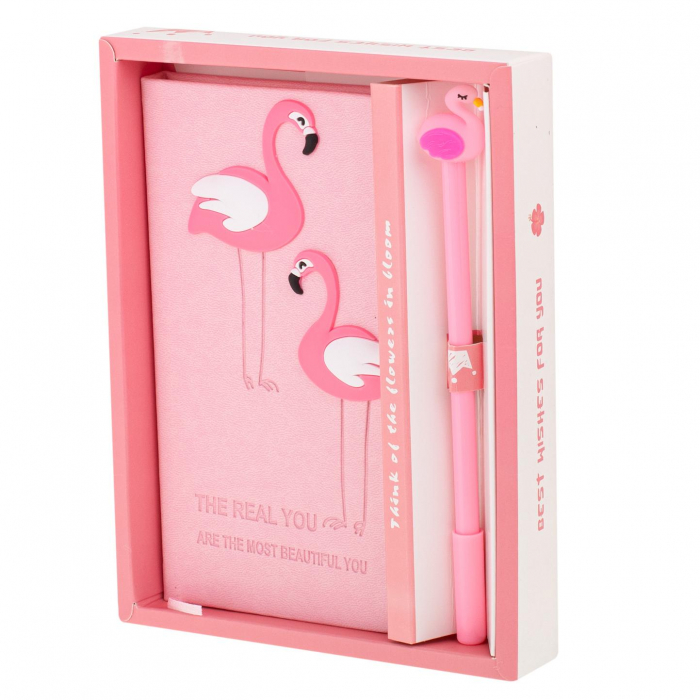 Set Cadou pentru Copii, Caiet cu Flamingo finisat cu piele ecologica + Pix cu Flamingo [1]
