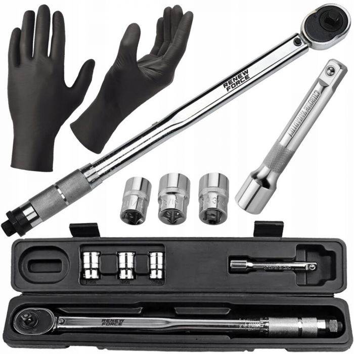 Set cheie dinamometrica din otel/crom, 1/2 inch, reglabila 28-210 Nm, cu 3 tubulare incluse si manusi [1]