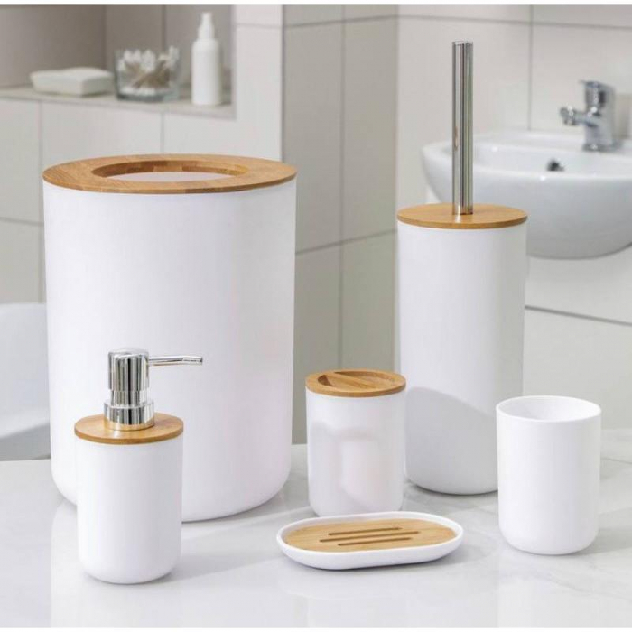 Set Elegant pentru baie format din 6 piese, ABS + lemn, culoare alb/maro [2]