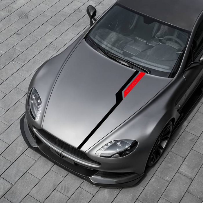 Set sticker autoadeziv Tuning in doua culori, model "Hood Stripes V3", dimensiune 130 x 10 cm, culoare Negru + Rosu [1]
