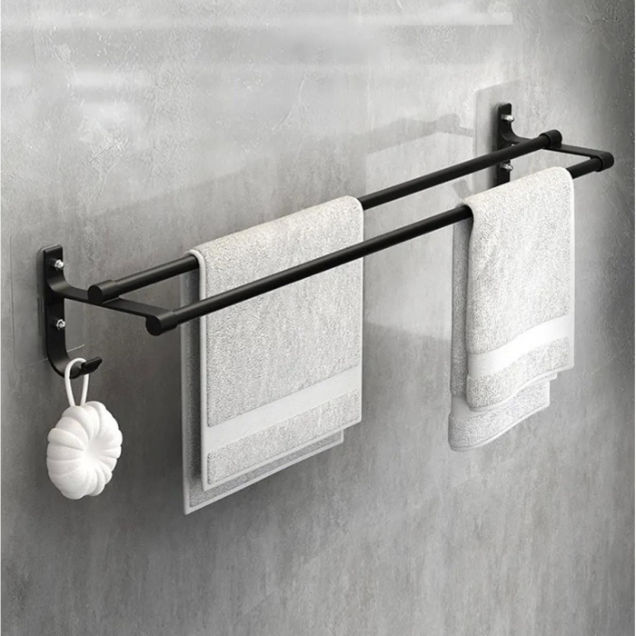 Suport din aluminiu pentru 2 prosoape + 2 cuiere, lungime 60 cm, culoare Neagra [1]