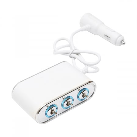 Prize si Brichete Auto - Adaptor bricheta auto tripla 12/24V, iluminata LED, cu intrerupator individual si 1 port USB, 5V, 2.1A