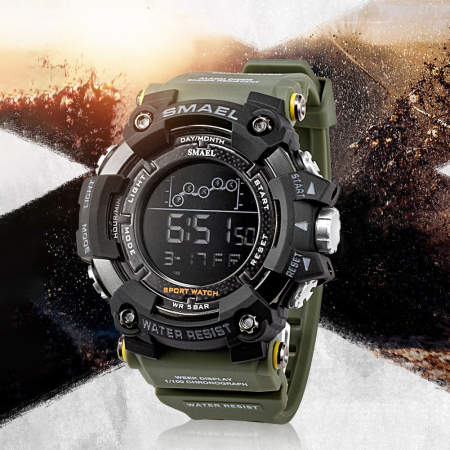 Accesorii Calatorie - Ceas Militar pentru barbati, SMAEL, impermeabil, afisaj LED, culoare Verde