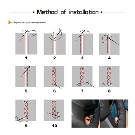 Husa volan din PIELE NATURALA CU DOUA DUNGI ROSII, pentru autoturisme, diametru 37 - 39 cm, cu ac si ata (se coase, aspect ORIGINAL) [4]