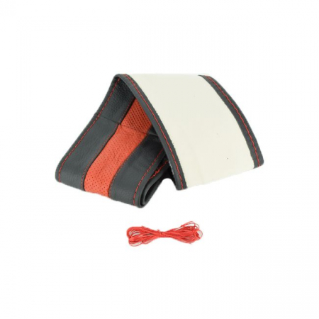 Husa volan din PIELE NATURALA NEAGRA CU DUNGA ROSIE, pentru autoturisme, diametru 37 - 39 cm, cu ac si ata (se coase, aspect ORIGINAL) [3]