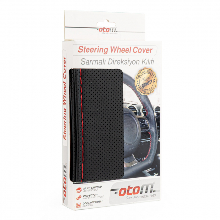 Accesorii Interior - Husa volan OTOM din Piele Ecologica "Perforata" pentru autoturisme, diametru volan 37 - 39 cm, cu ac si ata Rosie