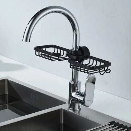 Baie - Bucatarie - Raft organizator dublu, universal pentru bucatarie sau baie, montaj pe robinet, material otel, culoare Neagra