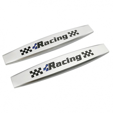 Ornamente Exterior - Set 2 x Embleme auto metalice, autoadezive, model "RACING", finisaj Crom, dimensiune, 10 x 1,5 cm