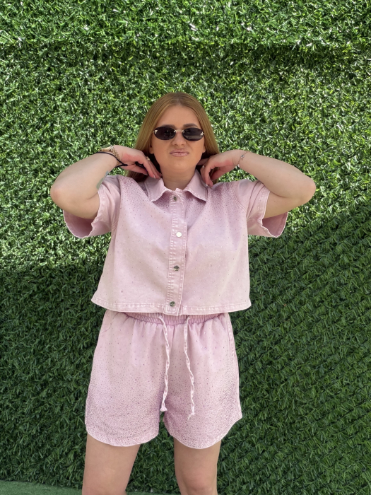 Compleu din Denim cu pietre- roz [4]