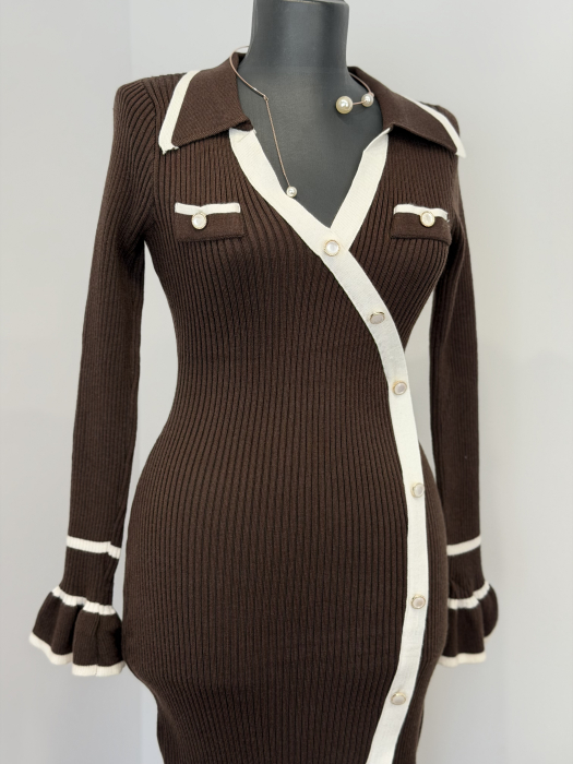 Rochie din Tricot cu mâneci clopoțel - maro [2]