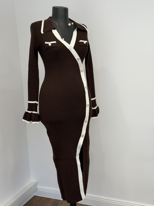 Rochie din Tricot cu mâneci clopoțel - maro [4]