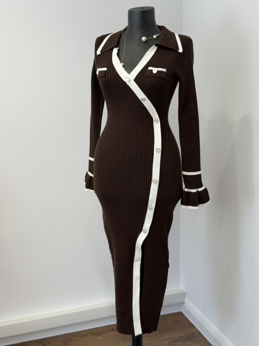 Rochie din Tricot cu mâneci clopoțel - maro [3]