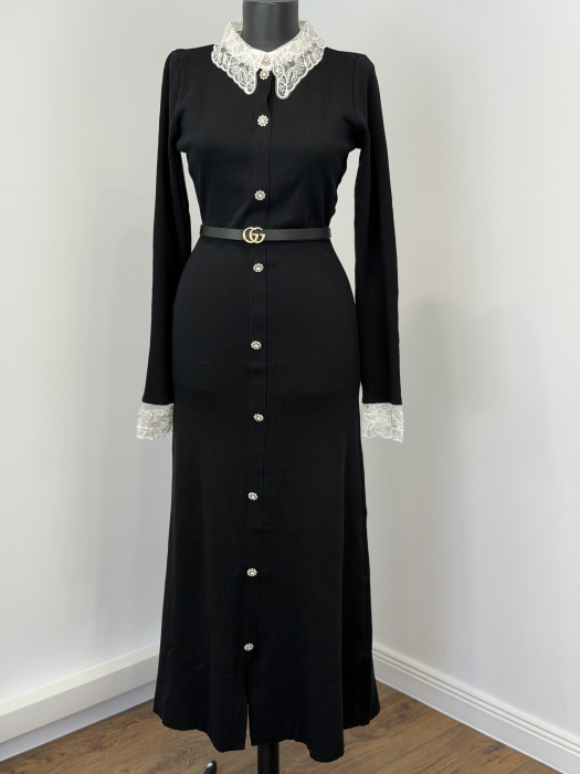 Rochie din Tricot premium cu nasturi tip bijuterie și broderie- Negru [5]