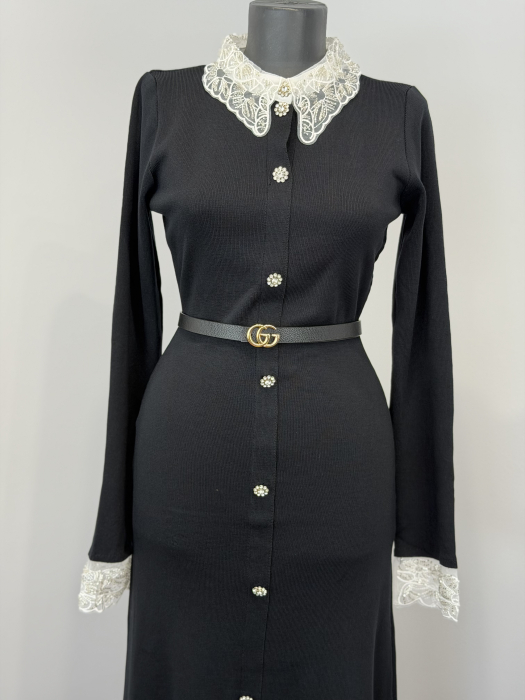 Rochie din Tricot premium cu nasturi tip bijuterie și broderie- Negru [4]