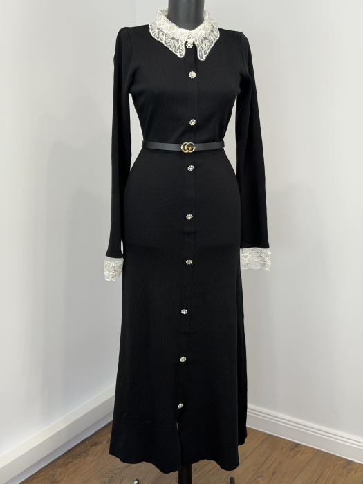 Rochie din Tricot premium cu nasturi tip bijuterie și broderie- Negru [6]