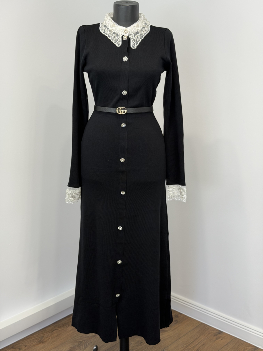 Rochie din Tricot premium cu nasturi tip bijuterie și broderie- Negru [3]
