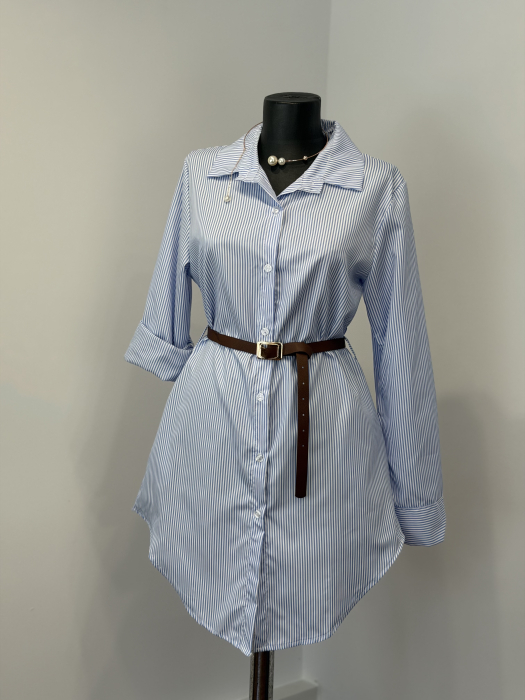 Rochie Stil Cămașă cu buzunare laterale și curea - Blue [2]