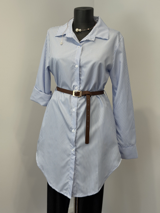 Rochie Stil Cămașă cu buzunare laterale și curea - Blue [5]