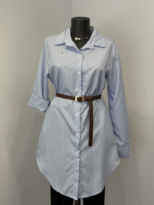 Rochie Stil Cămașă cu buzunare laterale și curea - Blue [4]