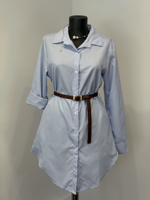 Rochie Stil Cămașă cu buzunare laterale și curea - Blue [3]
