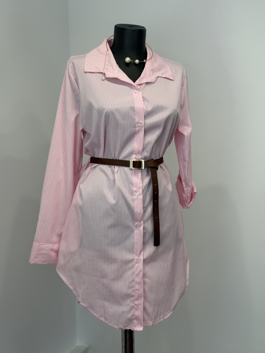 Rochie Stil Cămașă cu buzunare laterale și curea - Roz [3]