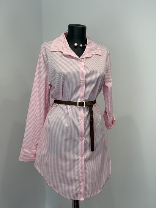 Rochie Stil Cămașă cu buzunare laterale și curea - Roz [2]