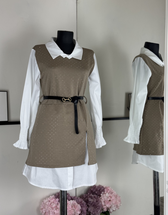 Rochie Stil Camasa Eva- curea inclusa-Bej [3]