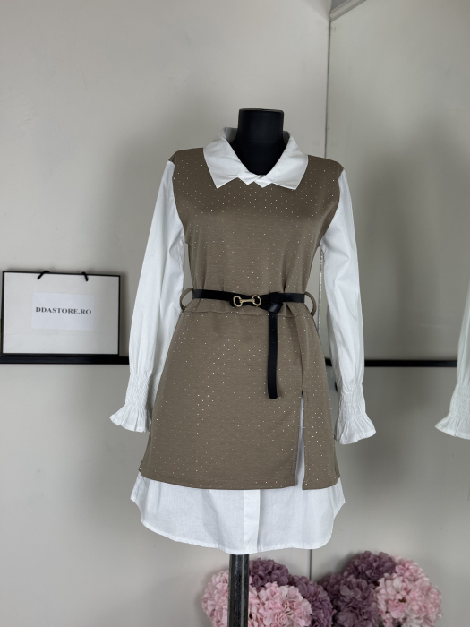 Rochie Stil Camasa Eva- curea inclusa-Bej [2]