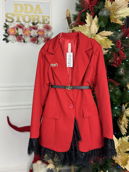 Sacou Lung cu dantelă - Rosu [3]