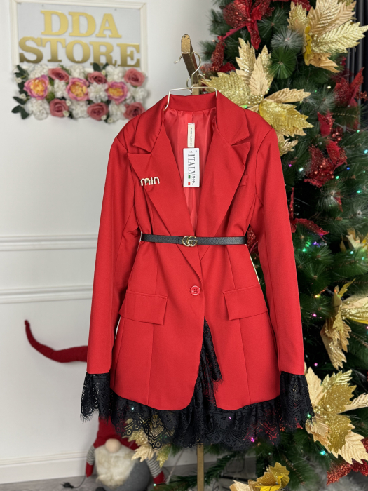 Sacou Lung cu dantelă - Rosu [4]