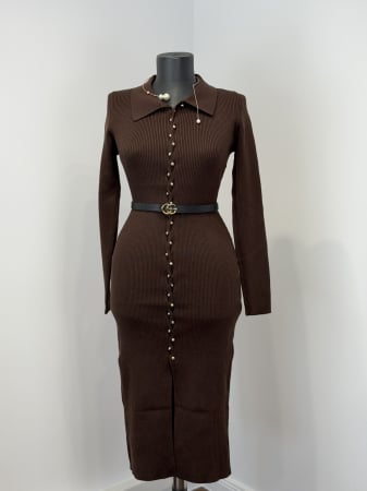 ROCHII - Rochie din Tricot cu Nasturi- maro