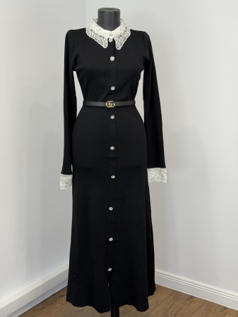 ROCHII - Rochie din Tricot premium cu nasturi tip bijuterie și broderie- Negru