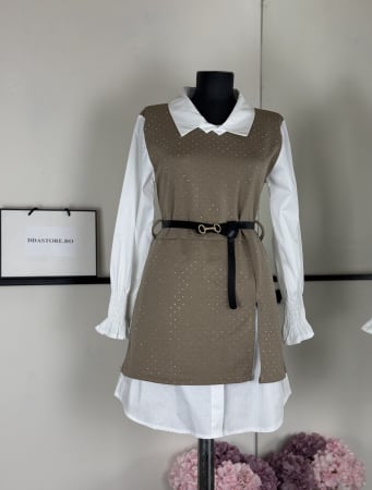 CAMASI - Rochie Stil Camasa Eva- curea inclusa-Bej