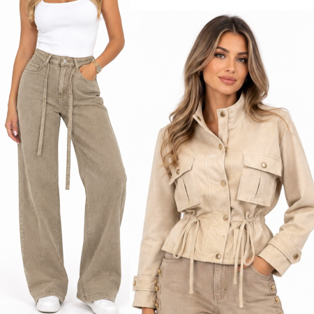 SETURI - Set Jacheta Velvet și Blugi Kim bej