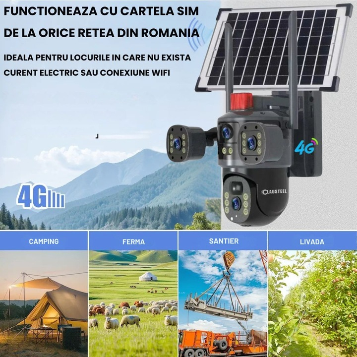 Cameră Supraveghere 2in1 cu Panou Solar, Conexiune SIM 4G, Vedere Tripla cu 2 Lentile, 6MP Ultra HD, Zoom 10X, Rotire Automată 355°/90°, Urmărire Inteligentă, Night Vision Color [4]