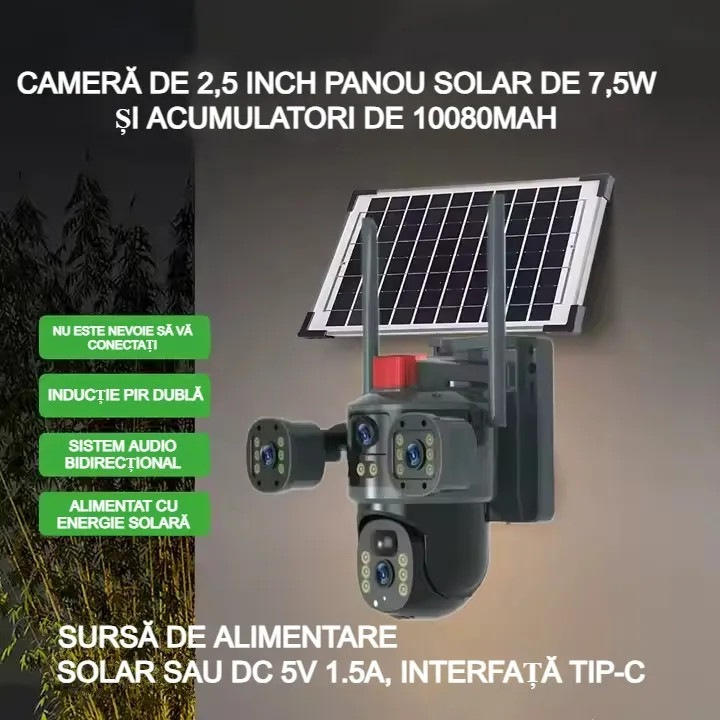 Cameră Supraveghere 2in1 cu Panou Solar, Conexiune SIM 4G, Vedere Tripla cu 2 Lentile, 6MP Ultra HD, Zoom 10X, Rotire Automată 355°/90°, Urmărire Inteligentă, Night Vision Color [10]